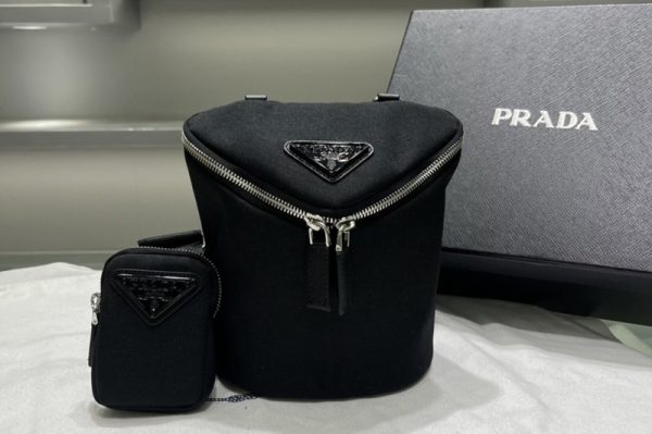 Replica Prada 2VH147 Re-Nylon and leather shoulder bag on Black Nylon