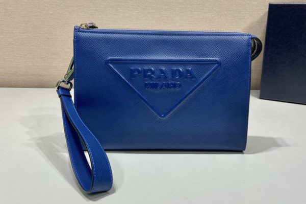 Replica Prada 2VF039 Saffiano Leather Pouch in Blue Leather