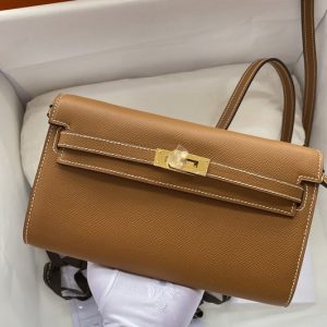 Replica Hermes Kelly Classique To Go Woc Wallet In Brown Epsom Leather With Gold Buckle