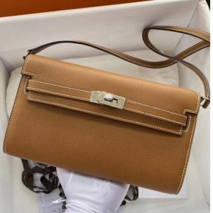 Replica Hermes Kelly Classique To Go Woc Wallet In Brown Epsom Leather With Silver Buckle