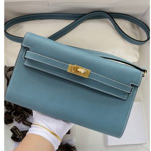 Replica Hermes Kelly Classique To Go Woc Wallet In Blue Epsom Leather With Gold Buckle