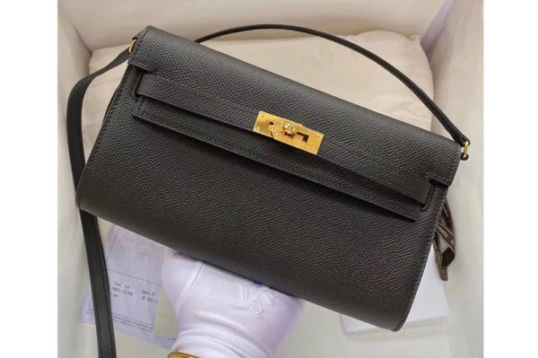 Replica Hermes Kelly Classique To Go Woc Wallet In Black Epsom Leather With Gold Buckle