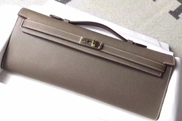 Replica Hermes Kelly Cut 31cm Clutch Elephant Gray Epsom Leather Full Handmade