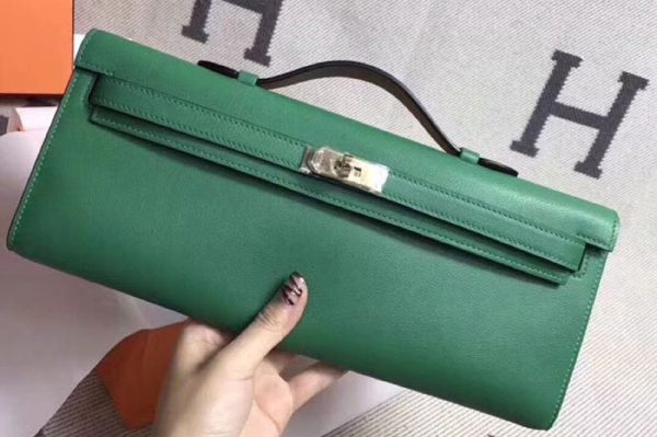 Replica Hermes Kelly Cut 31cm Clutch Green Swift Leather Full Handmade