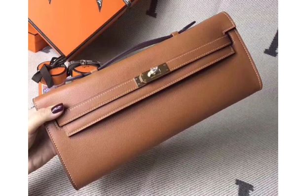 Replica Hermes Kelly Cut 31cm Clutch Brown Swift Leather Full Handmade