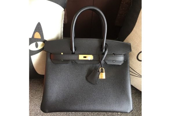 Replica Hermes Birkin 30 Tote Bags Full Handstitched in Black Epsom Leather With Gold Buckle