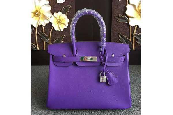 Replica Hermes Birkin 30 Tote Bags Full Handstitched in Purple Epsom Leather With Silver Buckle