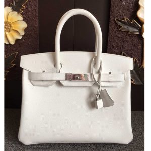 Replica Hermes Birkin 30 Tote Bags Full Handstitched in White Epsom Leather With Silver Buckle