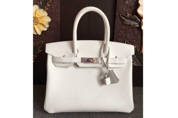 Replica Hermes Birkin 30 Tote Bags Full Handstitched in White Epsom Leather With Silver Buckle