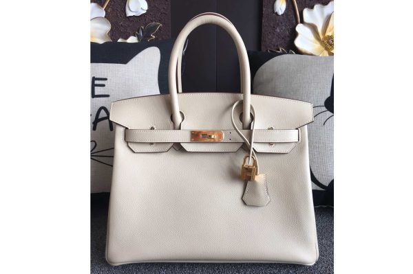 Replica Hermes Birkin 30 Tote Bags Full Handstitched in White Epsom Leather With Gold Buckle