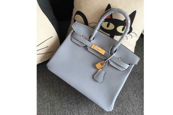 Replica Hermes Birkin 30 Tote Bags Full Handstitched in Light Blue Epsom Leather With Gold Buckle