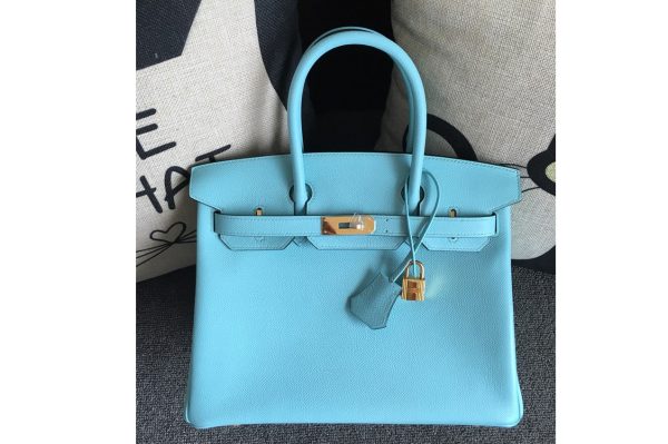 Replica Hermes Birkin 30 Tote Bags Full Handstitched in Blue Epsom Leather With Gold Buckle