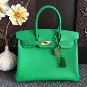 Replica Hermes Birkin 30 Tote Bags Full Handstitched in Green Epsom Leather With Gold Buckle