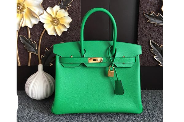 Replica Hermes Birkin 30 Tote Bags Full Handstitched in Green Epsom Leather With Gold Buckle