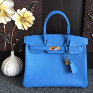 Replica Hermes Birkin 30 Tote Bags Full Handstitched in Blue Epsom Leather With Gold Buckle