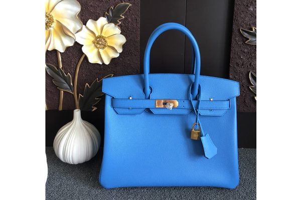 Replica Hermes Birkin 30 Tote Bags Full Handstitched in Blue Epsom Leather With Gold Buckle