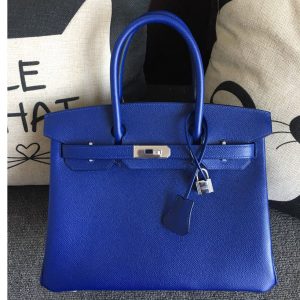 Replica Hermes Birkin 30 Tote Bags Full Handstitched in Blue Epsom Leather With Silver Buckle