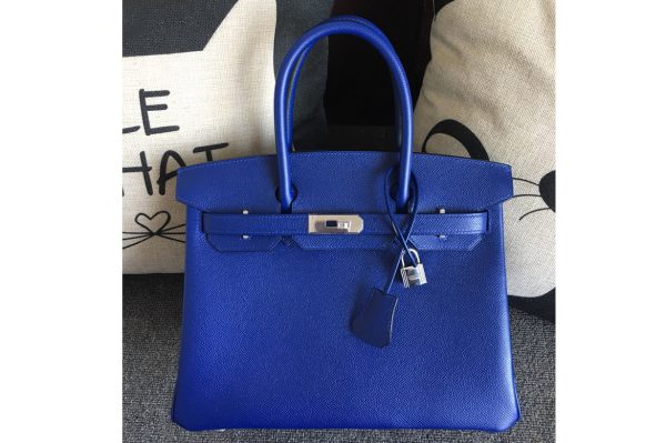 Replica Hermes Birkin 30 Tote Bags Full Handstitched in Blue Epsom Leather With Silver Buckle