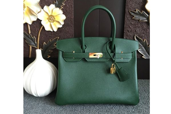 Replica Hermes Bags Hermes Birkin 30 Tote Bags Full Handstitched in Green Epsom Leather With Gold Buckle