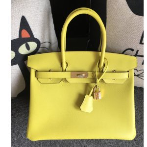 Replica Hermes Birkin 30 Tote Bags Full Handstitched in Lemon Epsom Leather With Gold Buckle