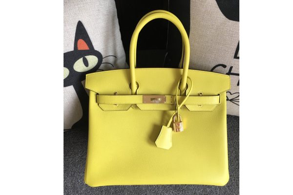 Replica Hermes Birkin 30 Tote Bags Full Handstitched in Lemon Epsom Leather With Gold Buckle