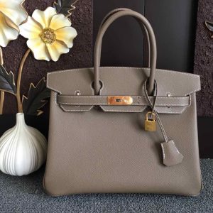 Replica Hermes Birkin 30 Tote Bags Full Handstitched in Gray Epsom Leather With Gold Buckle