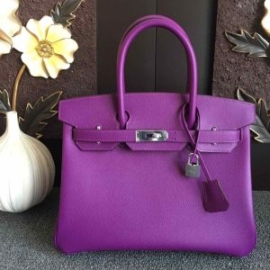 Replica Hermes Birkin 30 Tote Bags Full Handstitched in Purple Epsom Leather With Silver Buckle