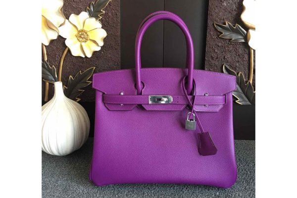 Replica Hermes Birkin 30 Tote Bags Full Handstitched in Purple Epsom Leather With Silver Buckle