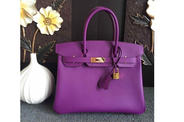 Replica Hermes Birkin 30 Tote Bags Full Handstitched in Purple Epsom Leather With Gold Buckle