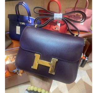 Replica Hermes constance 18 Bag in Purple Box Leather with Gold Buckle