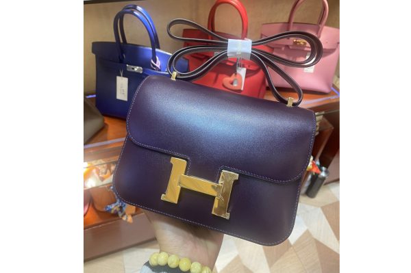 Replica Hermes constance 18 Bag in Purple Box Leather with Gold Buckle