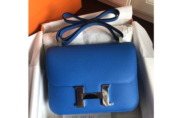 Replica Hermes constance 24 Bag in Blue Epsom Leather with Silver Buckle