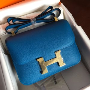 Replica Hermes constance 24 Bag in Blue Epsom Leather with Gold Buckle