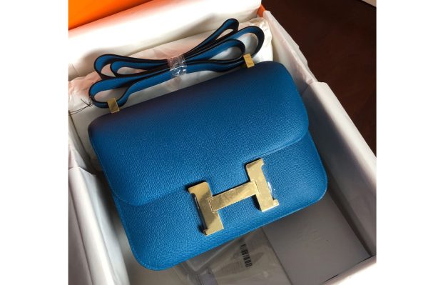 Replica Hermes constance 24 Bag in Blue Epsom Leather with Gold Buckle