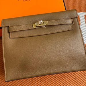 Replica Hermes Kelly Danse 22cm Bag in Brown Evercolor Leather with Gold Buckle