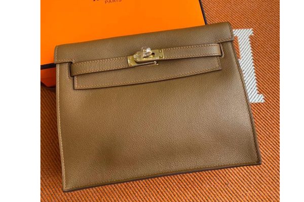 Replica Hermes Kelly Danse 22cm Bag in Brown Evercolor Leather with Gold Buckle