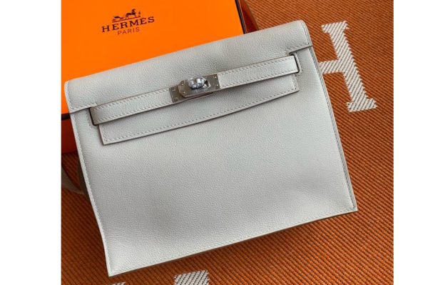 Replica Hermes Kelly Danse 22cm Bag in White Evercolor Leather with Silver Buckle