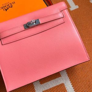 Replica Hermes Kelly Danse 22cm Bag in Pink Evercolor Leather with Silver Buckle