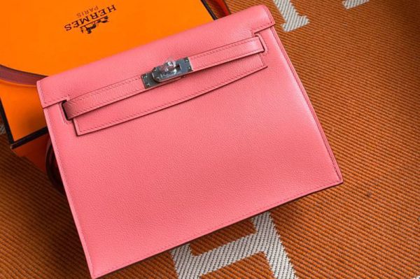 Replica Hermes Kelly Danse 22cm Bag in Pink Evercolor Leather with Silver Buckle