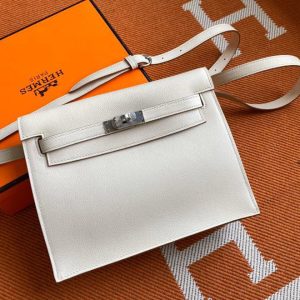 Replica Hermes Kelly Danse 22cm Bag in White Evercolor Leather with Silver Buckle