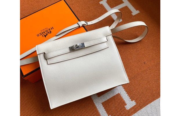 Replica Hermes Kelly Danse 22cm Bag in White Evercolor Leather with Silver Buckle