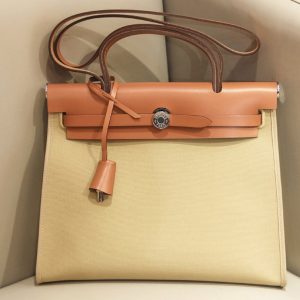 Replica Hermes herbag zip 31 bag in Brown/Yellow Officier canvas and Leather