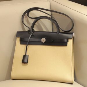 Replica Hermes herbag zip 31 bag in Black/Yellow Officier canvas and Leather