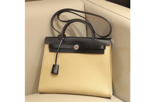 Replica Hermes herbag zip 31 bag in Black/Yellow Officier canvas and Leather