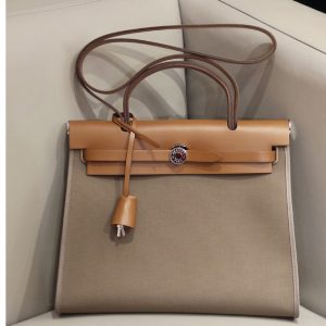 Replica Hermes herbag zip 31 bag in Brown/Grey Officier canvas and Leather