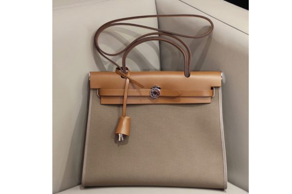 Replica Hermes herbag zip 31 bag in Brown/Grey Officier canvas and Leather