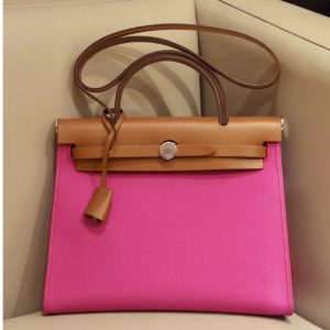 Replica Hermes herbag zip 31 bag in Brown/Pink Officier canvas and Leather