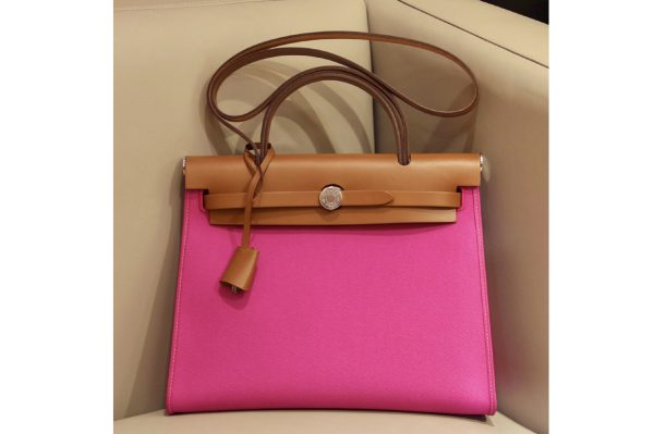 Replica Hermes herbag zip 31 bag in Brown/Pink Officier canvas and Leather