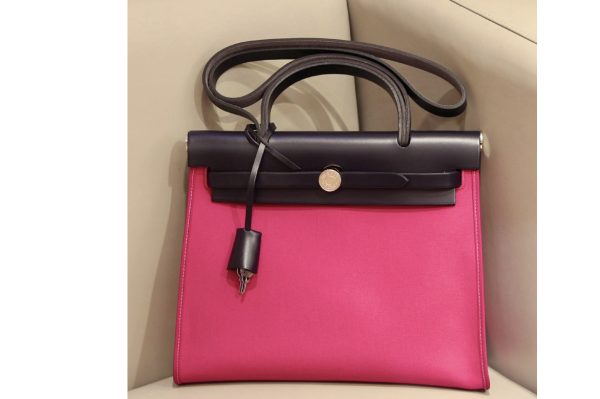 Replica Hermes herbag zip 31 bag in Black/Pink Officier canvas and Leather