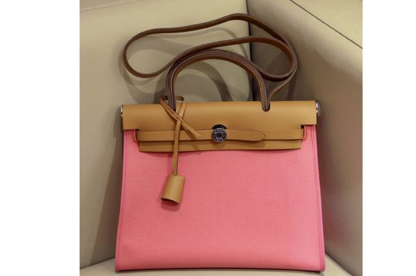 Replica Hermes herbag zip 31 bag in Brown/Light Pink Officier canvas and Leather